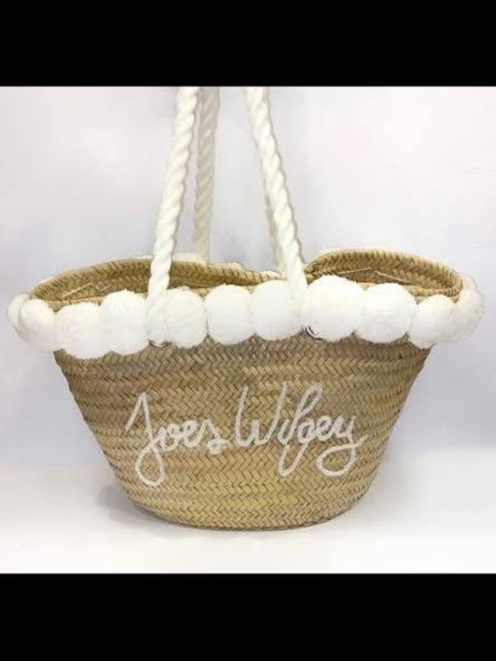 Joe's Wifey Straw Tote Bag with White Pom Trim